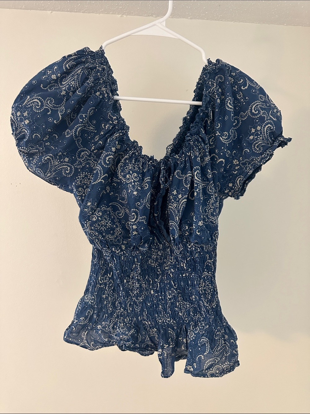 Lauren Ralph Lauren Navy Paisley Smocked Peplum Top